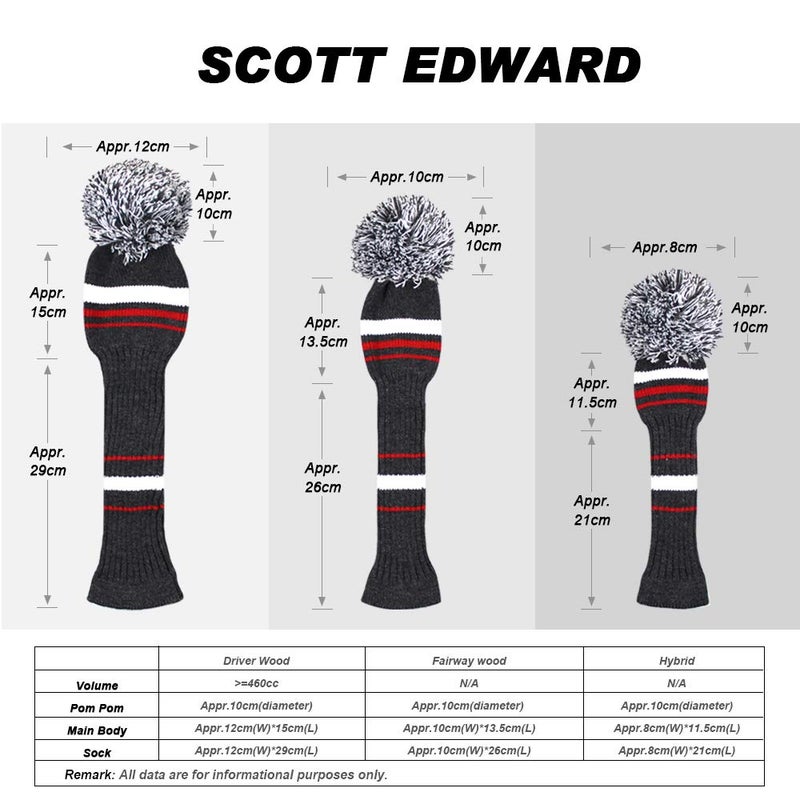 Scott Edward Gray White Red Stripes Golf Headcover Set 4 for Driver Wood(460CC) Fairways Hybrid/UT, with Rotating Number Tags - Image 3